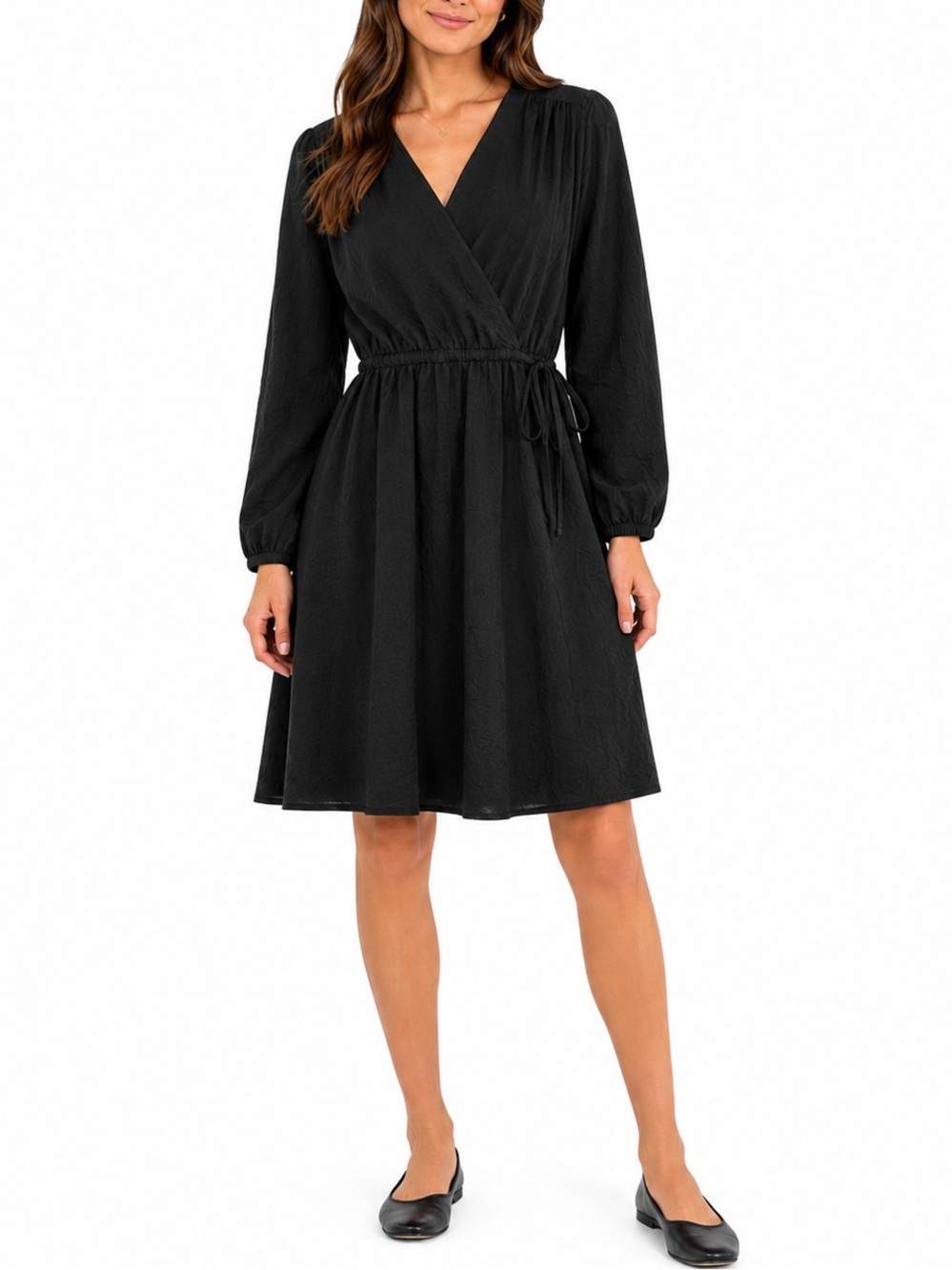 Time and Tru Black Faux Wrap Dress Long Sleeve Elastic Waist Tie Size XS